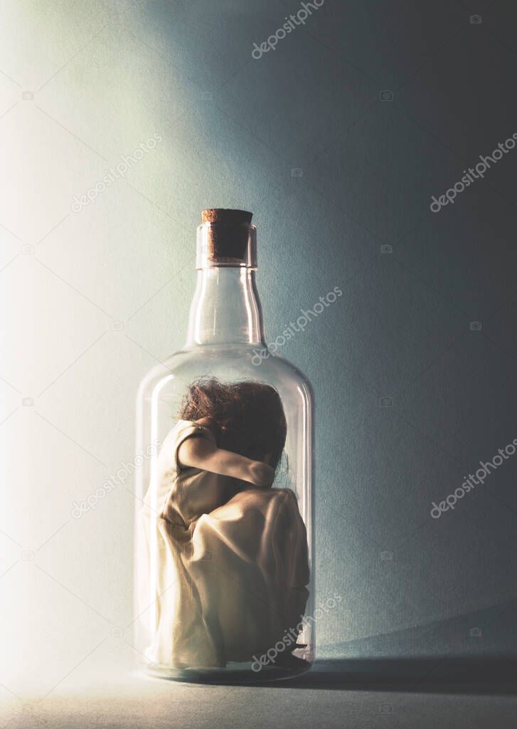woman crouching inside a glass bottle
