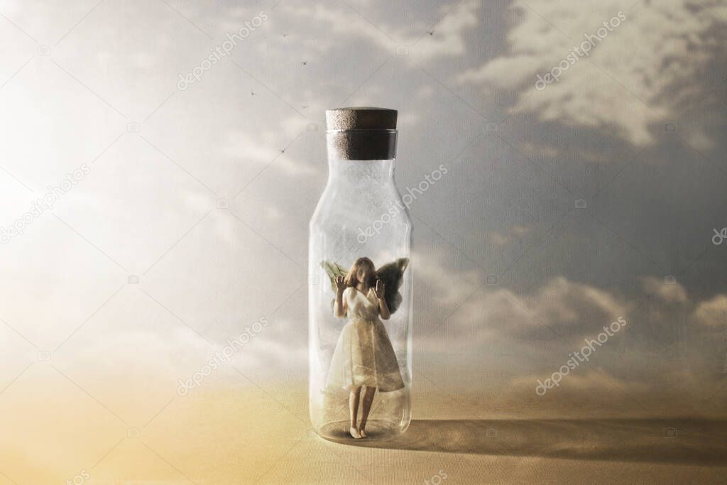 surreal butterfly woman looks at freedom enclosed in a bottle