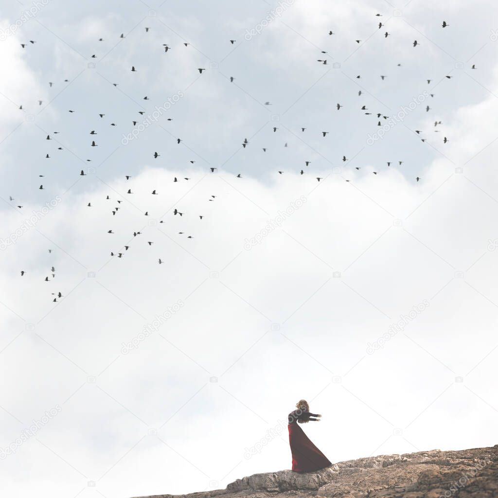 surreal moment of a free woman who takes a breath in the middle of nature