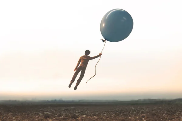Momento Surreal Homem Voando Para Longe Livre Com Grande Balão — Fotografia de Stock