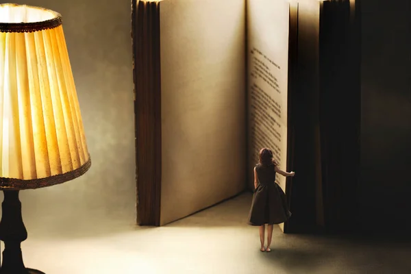 Momento Surrealista Una Mujer Abriendo Las Páginas Blanco Libro Gigante —  Fotos de Stock
