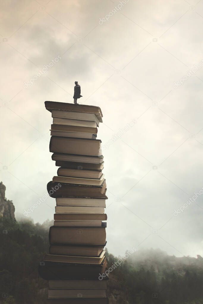 man successfully reaches the peak of knowledge by  climbing a stack of books