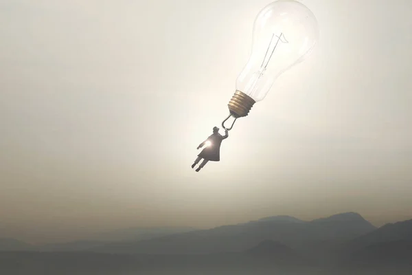 Homme Accroche Une Ampoule Géante Volant Dans Ciel Concept Idée — Photo