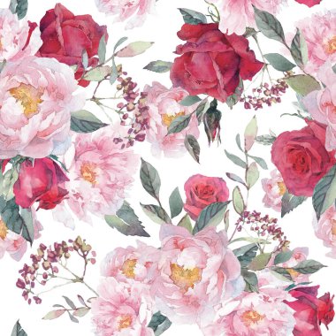 Suluboya desensiz gül buketleri, şakayıklar ve bitkiler..