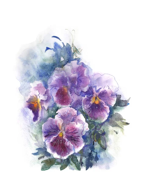 Aquarel blauw viola violet viooltjes boeket. Symbool liefde en trouw — Stockfoto