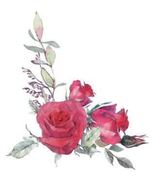 Gül ve bitki buketleriyle suluboya klipsi sanatı.