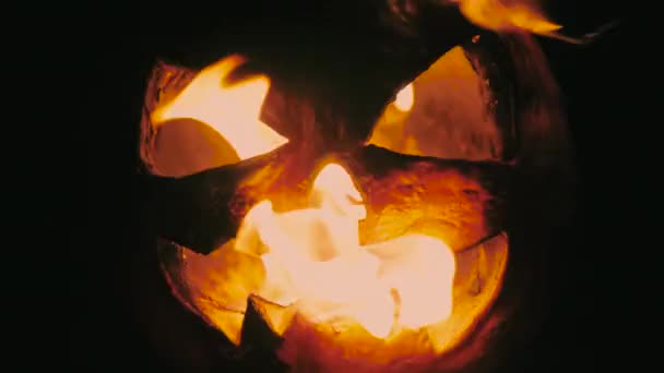 Close-up de uma abóbora de Halloween murcha está em chamas — Vídeo de Stock