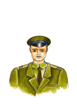 Genç bir asker. İnsanların tatili. Beyaz arkaplanda izole edilmiş suluboya el resmi.