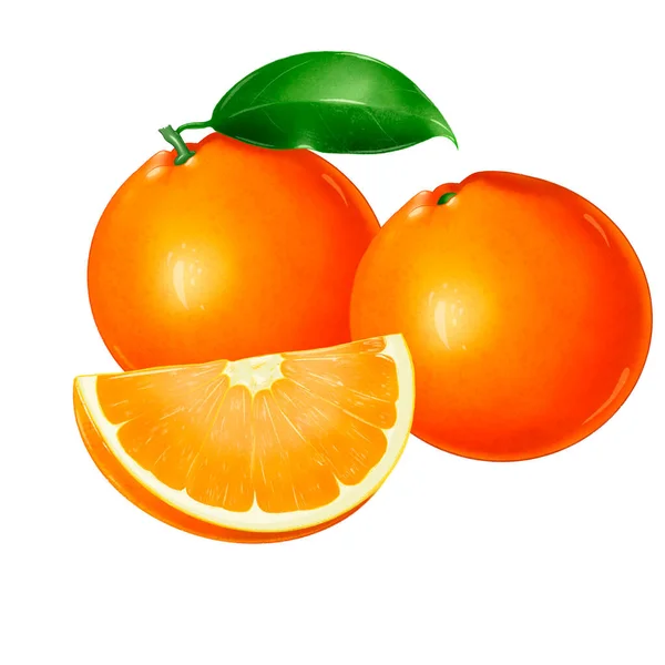 Набор Апельсинов Тени Изолирован Белом Фоне Два Цельных Фрукта Листом — стоковое фото