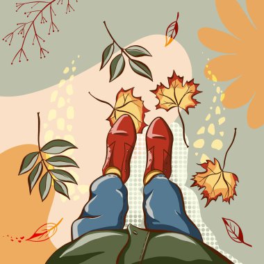 Kırmızı ayakkabılı ve mavi kotlu kadın bacaklarının, soyut sonbahar arka planında düşmüş yapraklarla üst manzaralı selfie 'si. Düz çizimlerle çizilmiş dijital el. Sonbahar arkaplanı.