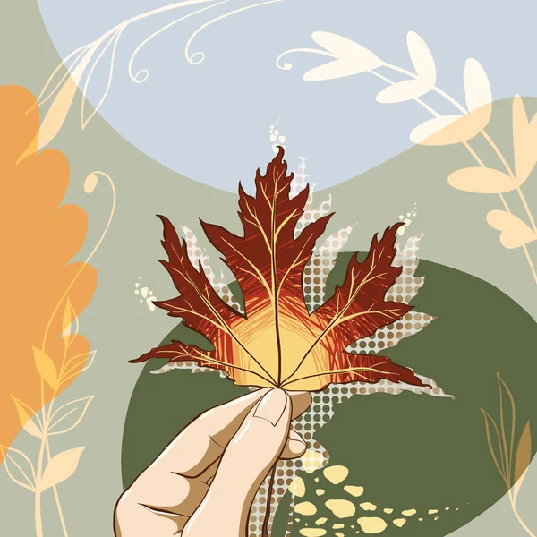 Ręka Trzymając Jesienny Jasny Liść Cieniem Abstrakcyjnym Płomieniem Abstrakcyjnym Kwiatowym — Zdjęcie stockowe