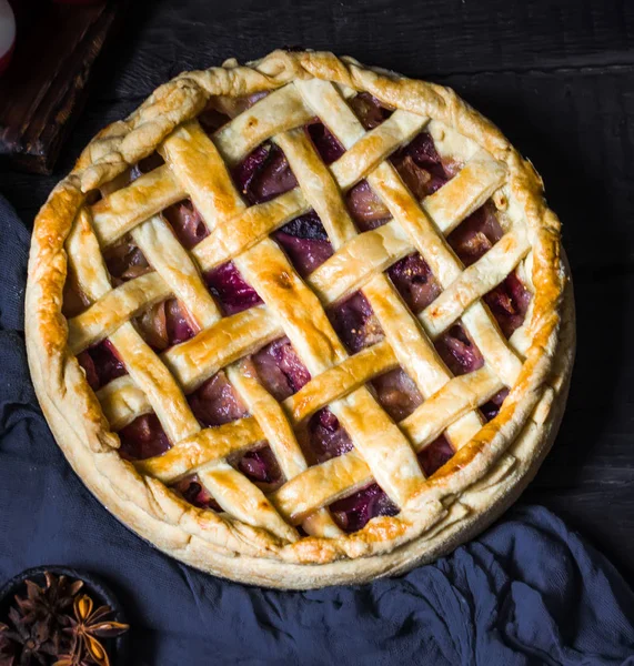 Homemade fruit pie.Top view. style rustic. Selective focus.