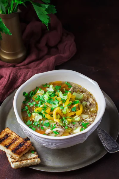 Sopa Con Pollo Verduras Quinua Tazón Cerámica Enfoque Selectivo —  Fotos de Stock