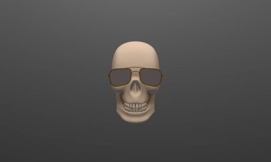 Kafatası, 3D çizim, altın gözlüklü kafatası ve koyu arkaplan. Modern kafatası tasarımı.
