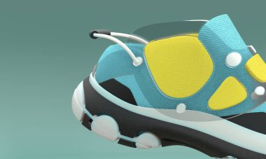 Açık mavi ve sarı renkli, açık mavi arka planlı tekstil ayakkabıları. 3d görüntüleme, 3d illüstrasyon.