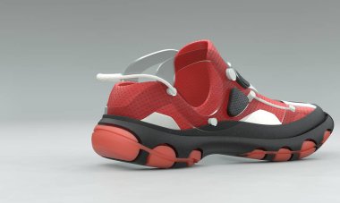 Kırmızı, beyaz ve siyah deri ayakkabıyı gri arka planda tut. 3d görüntüleme, 3d illüstrasyon.