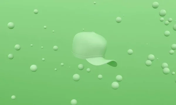 3d rendering picture of baseball hat on green background with floating bubbles. Abstract wallpaper. Dynamic wallpaper. Modern cover design. 3D illustration.