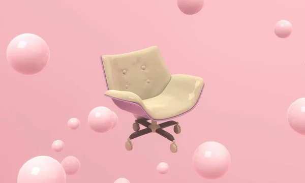 Weergave Foto Van Glossy Chair Roze Achtergrond Met Zwevende Belletjes — Stockfoto
