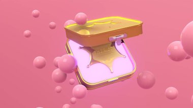 Üzerinde yüzen kabarcıklar olan pembe arka plandaki altın kutuda şerif rozetinin üç boyutlu resmi. Soyut duvar kağıdı. Dinamik duvar kağıdı. Modern kapak tasarımı. 3B illüstrasyon.