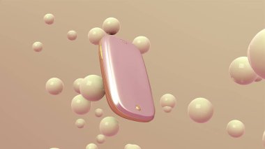 Açık yeşil arka planda yüzen baloncuklu parıltılı cep telefonunun 3D görüntüsü. Soyut duvar kağıdı. Dinamik duvar kağıdı. Modern kapak tasarımı. 3B illüstrasyon.