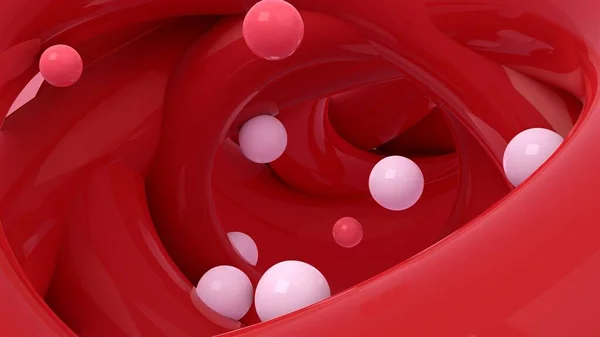 浮遊泡と赤の背景に光沢のある球の3Dレンダリング画像 抽象的な壁紙 ダイナミックな壁紙だ 現代的なカバーデザイン 3Dイラスト — ストック写真