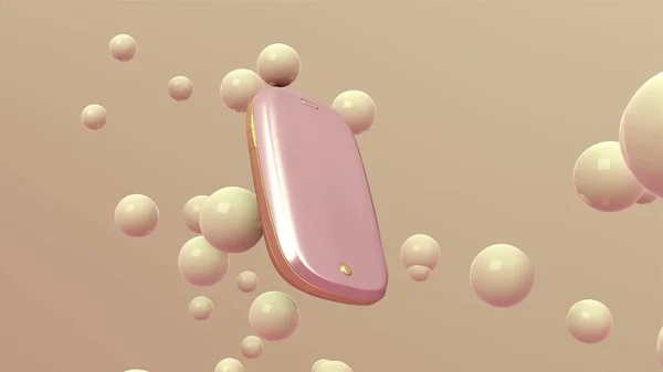 Açık yeşil arka planda yüzen baloncuklu parıltılı cep telefonunun 3D görüntüsü. Soyut duvar kağıdı. Dinamik duvar kağıdı. Modern kapak tasarımı. 3B illüstrasyon.
