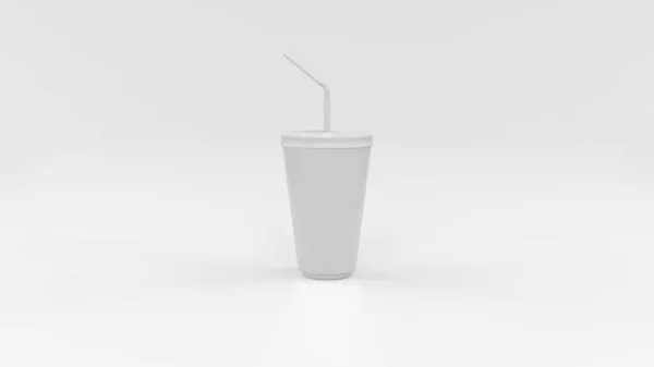 Copo Plástico Branco Com Palha Mockup Isolado Fundo Branco Ilustração — Fotografia de Stock