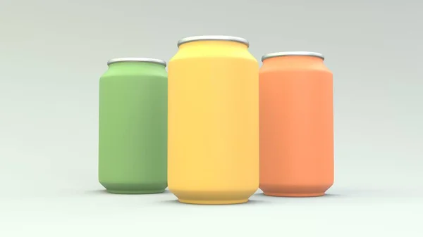 黄色和橙色铝罐 在明亮的背景下醒来 可用于您的设计 广告和宣传 3D说明 — 图库照片