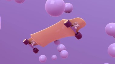 Mor arka planda yüzen baloncuklu parlak kaykayın 3D görüntüsü. Soyut duvar kağıdı. Dinamik duvar kağıdı. Modern kapak tasarımı. 3B illüstrasyon.