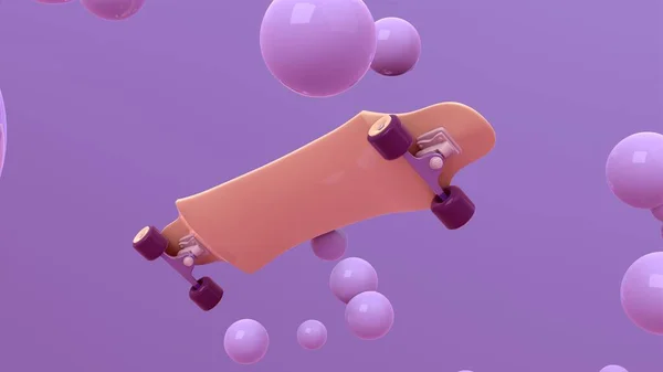 Weergave Foto Van Glanzend Skateboard Paarse Achtergrond Met Zwevende Bubbels — Stockfoto