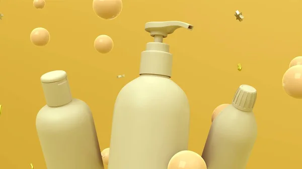 Representación Imagen Botellas Cosméticos Sobre Fondo Amarillo Con Burbujas Flotantes — Foto de Stock