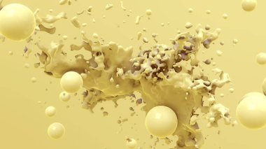 3 boyutlu arka plan, parlak yüzen kabarcıklar ve boya sıçraması. Soyut duvar kağıdı. Dinamik duvar kağıdı. Modern kapak tasarımı. 3B illüstrasyon.