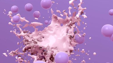 3 boyutlu arka plan, parlak yüzen kabarcıklar ve boya sıçraması. Soyut duvar kağıdı. Dinamik duvar kağıdı. Modern kapak tasarımı. 3B illüstrasyon.