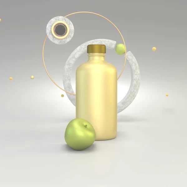 Immagine Rendering Bottiglie Cosmetici Sfondo Grigio Con Bolle Galleggianti Carta — Foto Stock