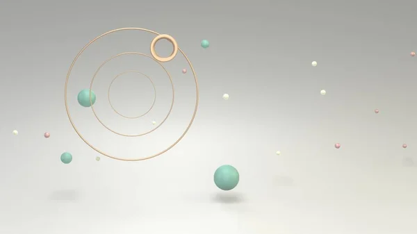 Metal geometrik şekiller ve yüzen baloncuklarla arka planda 3D görüntüleme. Soyut duvar kağıdı. Dinamik duvar kağıdı. Modern kapak tasarımı. 3B illüstrasyon.