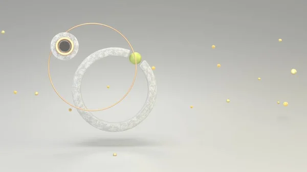 Metal geometrik şekiller ve yüzen baloncuklarla arka planda 3D görüntüleme. Soyut duvar kağıdı. Dinamik duvar kağıdı. Modern kapak tasarımı. 3B illüstrasyon.