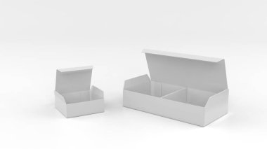 Boş uzun ve kısa bir kutu, ambalaj modeli, beyaz arka planda izole edilmiş. 3d illüstrasyon.