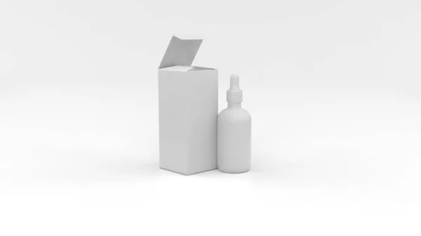 Mockup Den Mellersta Flaskan Med Pipett Och Kartong Förpackning Vit — Stockfoto