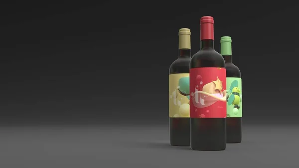 Garrafas Elegantes Vinho Com Etiquetas Coloridas Sobre Fundo Preto Renderização — Fotografia de Stock