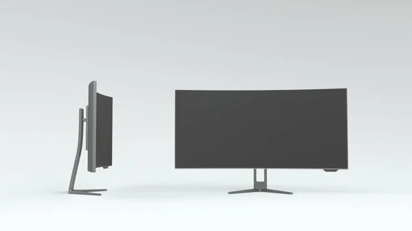 Eğri oyun geniş ekran monitörü. İnce dizayn ultra geniş 4K. Boş bir anti-parıltı görüntüsü. Yepyeni siyah ve metal modern full-hd. Yandan ve önden. 3B illüstrasyon.