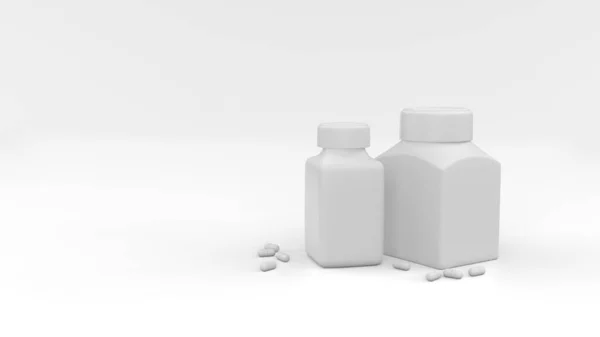 Beyaz arka planda hapları olan iki plastik ilaç şişesi. - İlaç paketi. Beyaz arka planda izole bir model. 3d illüstrasyon.