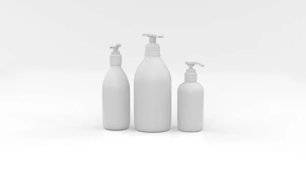 Beyaz arka planda kozmetik plastik şişeler. Şampuan için kozmetik paket koleksiyonu. Beyaz arka planda izole bir model. 3d illüstrasyon.