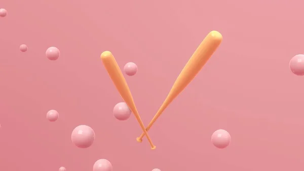 Pembe arka planda yüzen baloncuklu parlak sarı beyzbol sopaları. Soyut duvar kağıdı. Dinamik duvar kağıdı. Modern kapak tasarımı. 3B illüstrasyon.