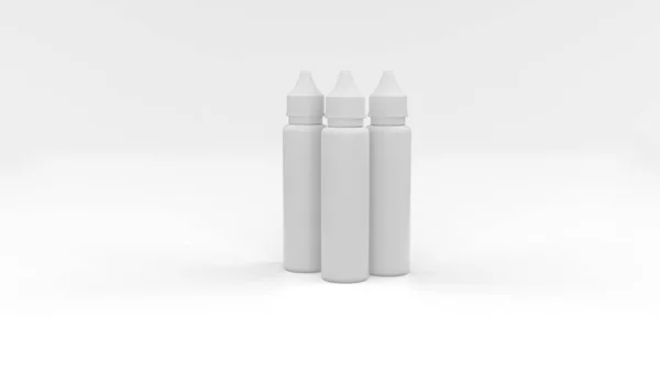 Mockup Tre Plast Vape Flytande Flaska Vit Bakgrund Kan Användas — Stockfoto