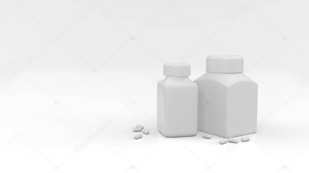 Two medicine plastic bottles with pills around on a white background. Medicine package. Isolated mockup on white background. 3d illustration.