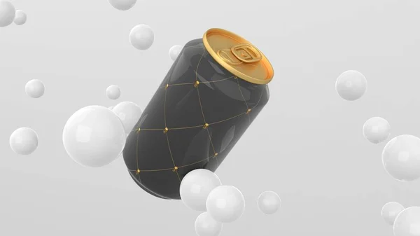 Beyaz arka planda uçan siyah etiketli alüminyum parlak teneke kutu ve yüzen küreler. Modern kapak tasarımı. 3d illüstrasyon.