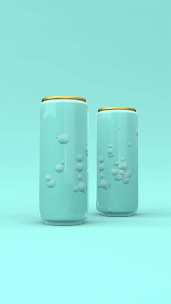 Zwei Bunte Aluminiumdosen Mockup Auf Mint Hintergrund Illustration — Stockfoto