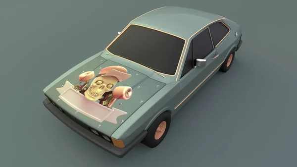 クールな古いファッション車 緑の背景に角度ビュースタジオレンダリングを探します 明るい近代的な車のデザイン 3Dイラスト — ストック写真