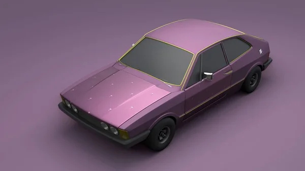Cool looking old fashion car, angle view studio render on violet background. Bright modern car design. 3d illustration.