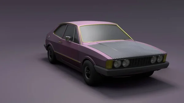 Cool looking old fashion car, front view studio render on violet background. Bright modern car design. 3d illustration.